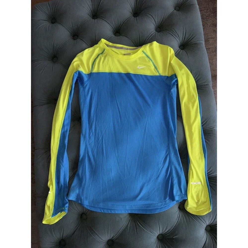 Nike Running Miler Long Sleeve Shirt Blue Bright Yellow Women’s Size XS
